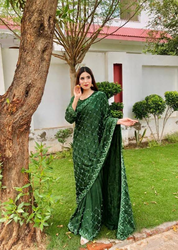 Stitched Shamoz Silk Saree with Pearl & Stone Work