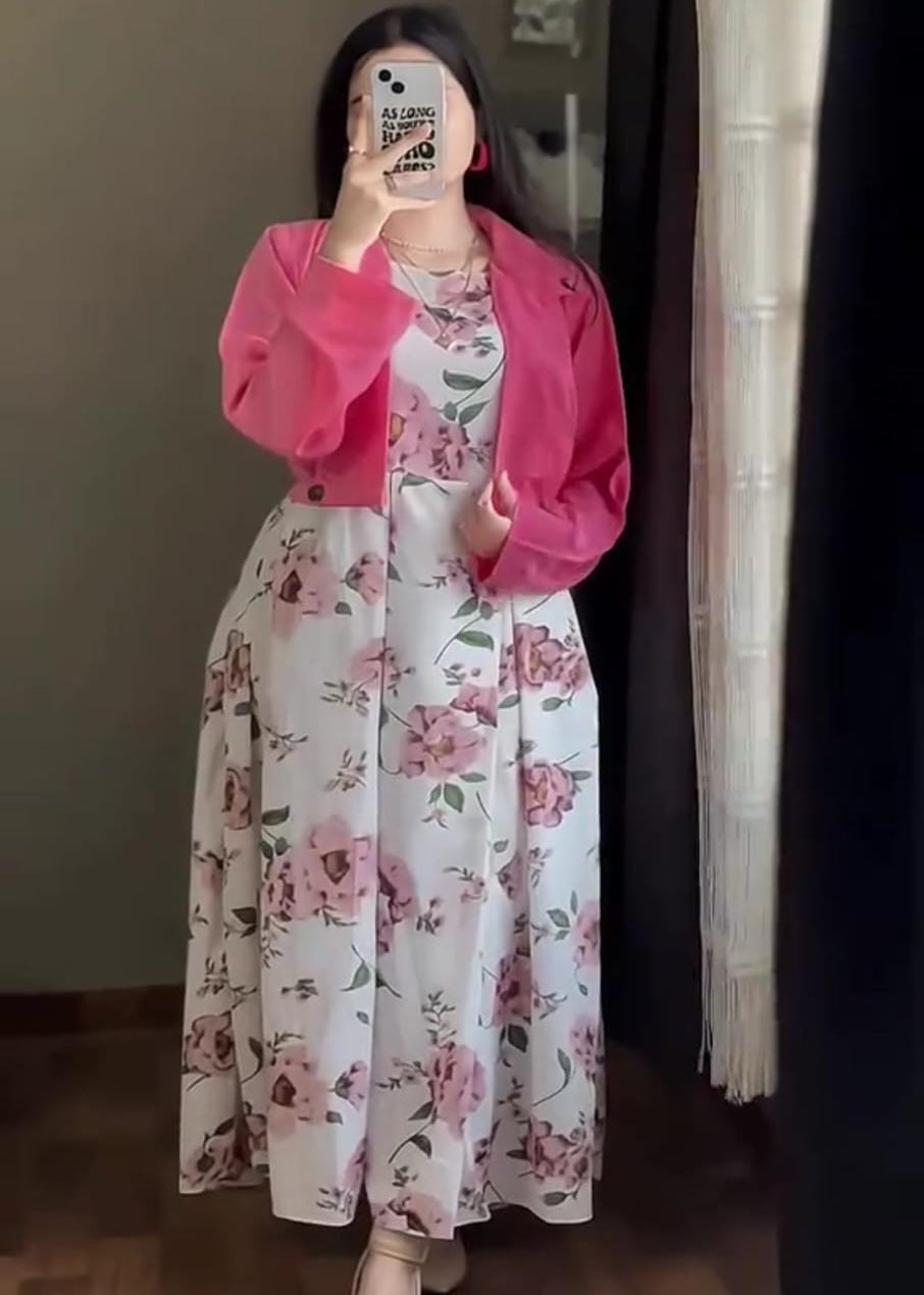 Digital Floral Sleeveless Maxi Dress with Cotton Koti Set (2-Piece)