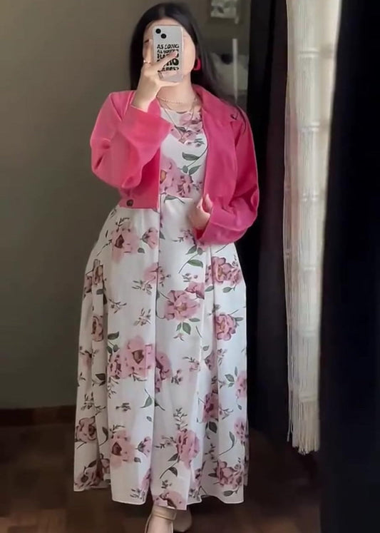 Digital Floral Sleeveless Maxi Dress with Cotton Koti Set (2-Piece)